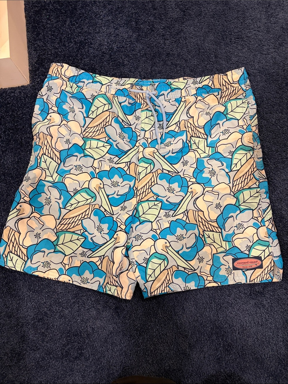 Vineyard Vines Blue, Cream & Green Floral Swim Trunks